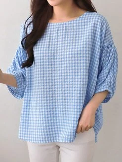 Check Print Crew Neck 3/4 Sleeve Casual Loose Blouse