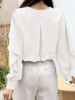Ruffle Solid Long Sleeve V-neck Button Front Blouse -Zanzea Shop e503e80e 124d 467a bb08 44b75313d058