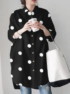 Dot Print Loose Lapel Long Sleeve Button Down Shirt -Zanzea Shop e52eb75b 967f 4c1d 81c4 c5b138da8033