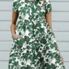 Random Allover Leaves Print Pocket Short Sleeve Button Dress