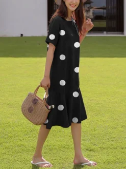 Dot Print Ruffle Hem Short Sleeve Crew Neck A-line Dress -Zanzea Shop e5372ac0 28f6 452d 98b0 51a63853195d