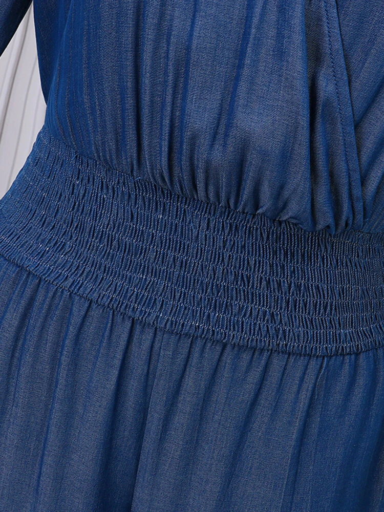 Women Solid V-Neck Shirred Waist Half Sleeve Denim Jumpsuit 7 Women Solid V-Neck Shirred Waist Half Sleeve Denim Jumpsuit - Image 7