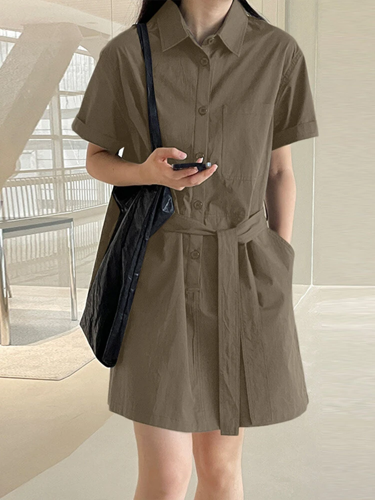 Solid Button Front Pocket Cargo Shirt Dress With Belt 4 Solid Button Front Pocket Cargo Shirt Dress With Belt - Image 4