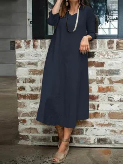 Solid 3/4 Sleeve V-neck Vintage Dress For Women -Zanzea Shop e55e5f1f a7f4 4f43 b202 b27fbc9bccb6