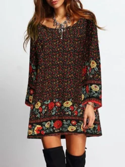 Bohemian Floral Print Bell Long Sleeve Crew Neck Dress -Zanzea Shop e58501d1 d618 4a6d b61f 9c6706e0c1bc