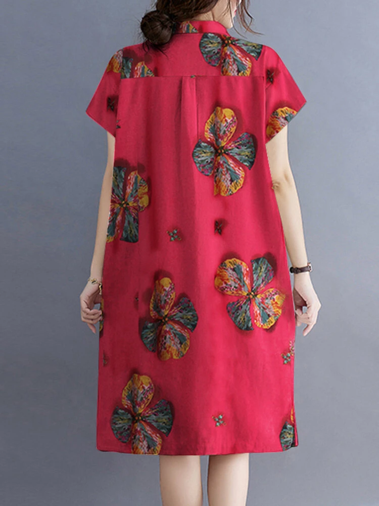 Flower Print Button Pocket Casual Cotton Midi Dress 4 Flower Print Button Pocket Casual Cotton Midi Dress - Image 4
