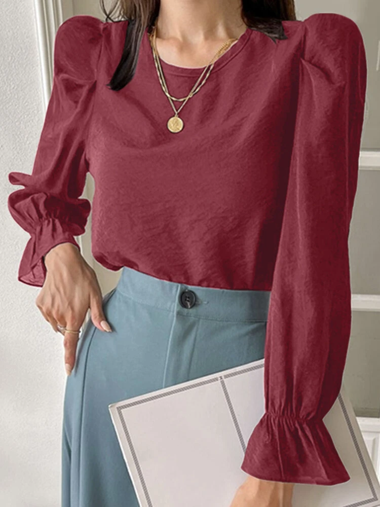 Solid Long Puff Sleeve Crew Neck Blouse 1 Solid Long Puff Sleeve Crew Neck Blouse