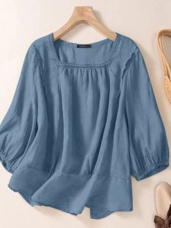 Women Solid Square Collar Cotton Casual 3/4 Sleeve Blouse -Zanzea Shop e60a28db 4645 4599 82ca ed7989710ce8