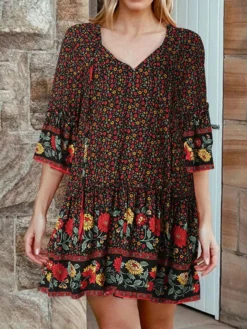 Bohemian Allover Floral Print V-neck Dress For Women
