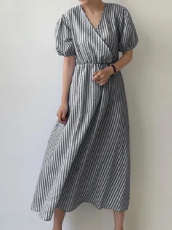 Puff Sleeve Wrap V-neck Stripe Print Midi Dress -Zanzea Shop e64e2e31 c8ed 43f3 b34d 4cd3e90d5b2f