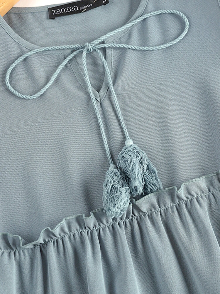 Women Lettuce Trim Tiered Tie Neck Sleeveless Tank Top 9 Women Lettuce Trim Tiered Tie Neck Sleeveless Tank Top - Image 9