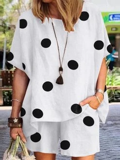 Polka Dot Print Dolman Sleeve Pocket Two Pieces Suit