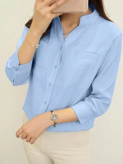 Solid Button Front Stand Collar 3/4 Sleeve Blouse -Zanzea Shop e6c84c94 36b7 44aa ae27 cc405ae9a234