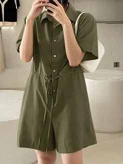 Solid Pocket Drawstring Waist Button Lapel Short Sleeve Romper -Zanzea Shop e6f38c7c 5c68 49d1 9e55 b6ac3f89103b
