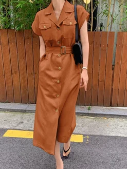 Solid Pocket Lapel Short Sleeve Button Front Dress With Belt -Zanzea Shop e6fe3e91 8686 469f 95f7 a1fc77ccbca6