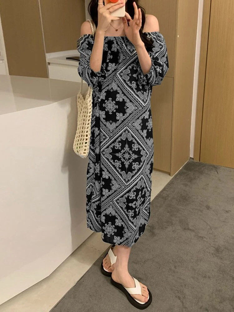 Tribal Paisley Print Off Shoulder 3/4 Sleeve Dress 9 Tribal Paisley Print Off Shoulder 3/4 Sleeve Dress - Image 9