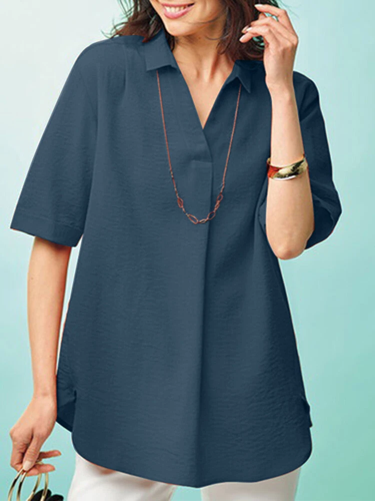 Women Solid Color Lapel Casual Short Sleeve Shirt 3 Women Solid Color Lapel Casual Short Sleeve Shirt - Image 3