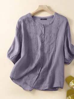 Women Lace Trim Plain Button Up Cotton 3/4 Sleeve Shirt 12 Women Lace Trim Plain Button Up Cotton 3/4 Sleeve Shirt -Zanzea Shop e75e3b77 24c9 48ba 88f0 98e47018c5f7