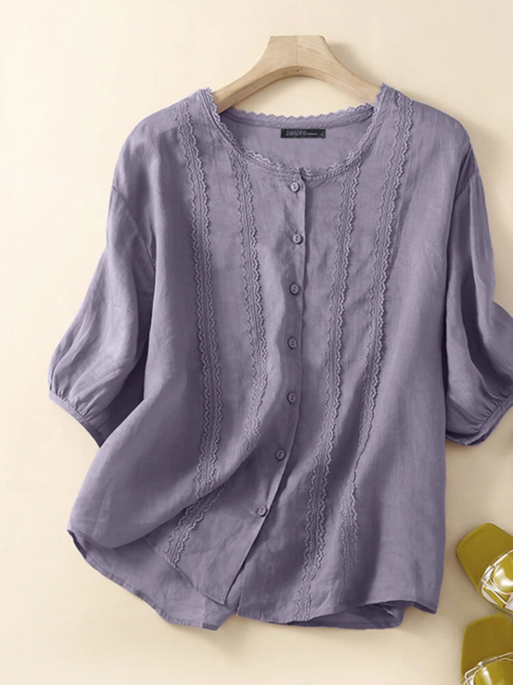 Women Lace Trim Plain Button Up Cotton 3/4 Sleeve Shirt 5 Women Lace Trim Plain Button Up Cotton 3/4 Sleeve Shirt - Image 5