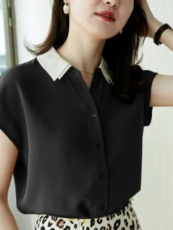 Contrast Double Layered Neck Short Sleeve Button Blouse -Zanzea Shop e76dfa7f 229a 4865 8e0c aad28b841cf1