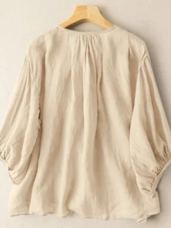 Women Solid Pleated Crew Neck Button Design Puff Sleeve Blouse -Zanzea Shop e79828b2 8dcf 4e0e 8a0b 15d1d2bc40a2