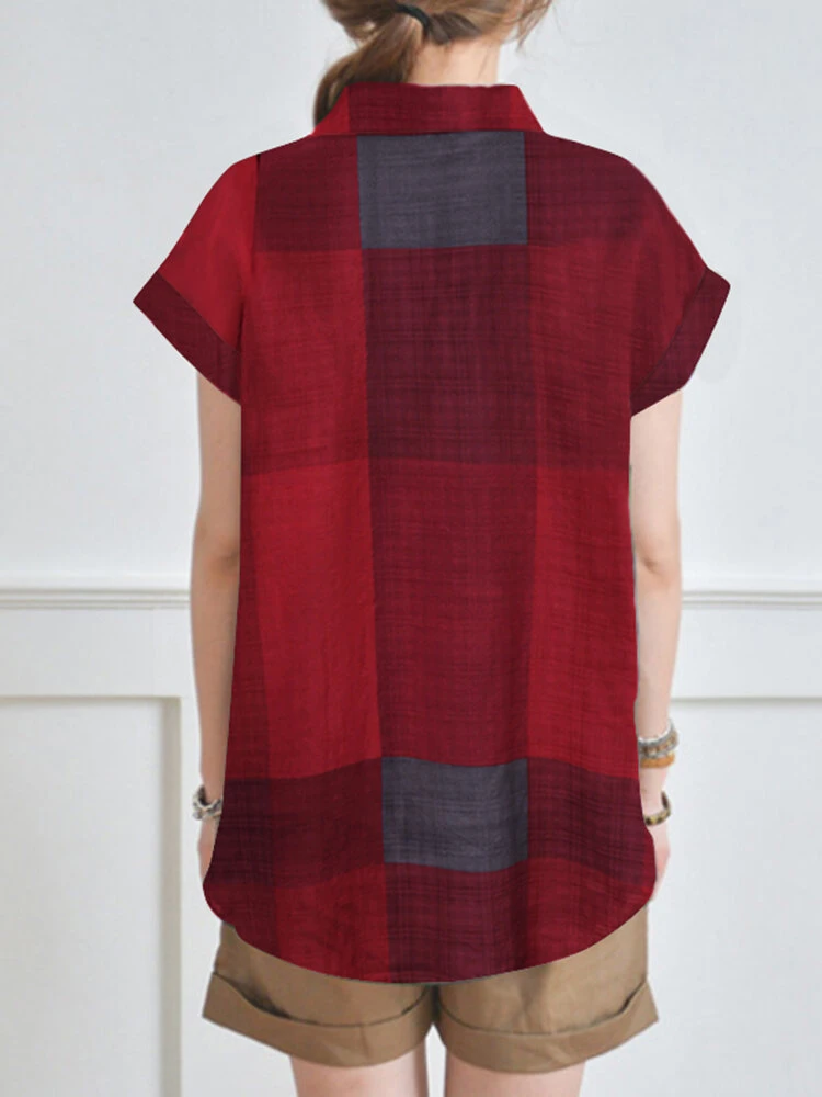 Plaid Short Sleeve Lapel Collar Blouse 8 Plaid Short Sleeve Lapel Collar Blouse - Image 8