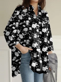 Women Allover Rose Print Lapel High-Low Hem Long Sleeve Shirt -Zanzea Shop e7aafc55 14f5 47c6 9d33 8332c85b35c1