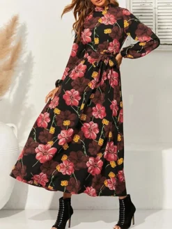 Cottagecore Flower Print Sash Lettuce-Edge Long Sleeve Maxi Dress -Zanzea Shop e7c60e37 97b8 45b5 a021 6ba9010f8e12