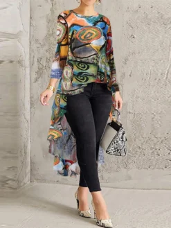 Graffiti Print High Low Long Sleeve Plus Size Blouse -Zanzea Shop e7c8b6f5 62de 44de 8604 626cb5a2c75f