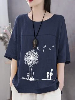Summer Print Flower Casual Short Sleeve Cotton T-Shirt
