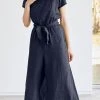 Solid Pocket Short Sleeve Wide Leg Jumpsuit With Belt
