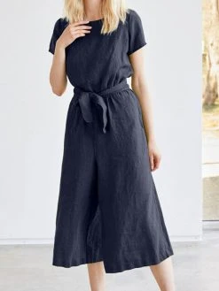 Solid Pocket Short Sleeve Wide Leg Jumpsuit With Belt