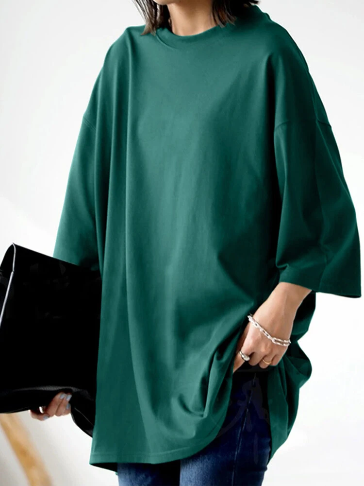 Solid Crew Neck Loose Casual 3/4 Sleeve T-shirt 2 Solid Crew Neck Loose Casual 3/4 Sleeve T-shirt - Image 2