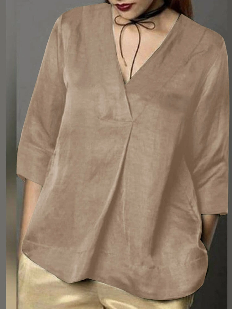 Women Solid V-Neck Pleated Satin 3/4 Sleeve Blouse 3 Women Solid V-Neck Pleated Satin 3/4 Sleeve Blouse - Image 3