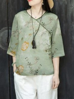 Women Plant Print Contrast Piped V-Neck 3/4 Sleeve Blouse -Zanzea Shop e80ba8e7 ec99 485e 851d f34d63ac696d