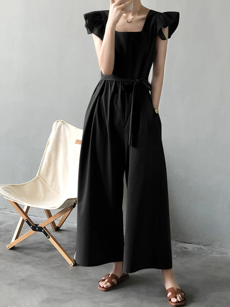 Solid Ruffle Sleeve Pocket Square Collar Wide Leg Jumpsuit 4 Solid Ruffle Sleeve Pocket Square Collar Wide Leg Jumpsuit - Image 4