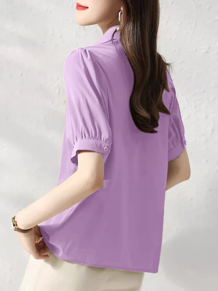 Women Solid Puff Sleeve Button Front Lapel Shirt 10 Women Solid Puff Sleeve Button Front Lapel Shirt - Image 10