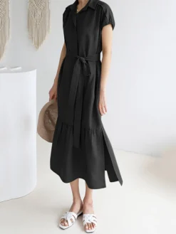 Solid Slit Pocket Lapel Short Sleeve Dress With Belt -Zanzea Shop e855c363 0023 43bc 9495 98beedb5fd3d