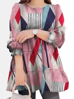 Geometry Print Long Sleeve O-neck Blouse For Women