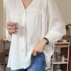 Solid Pleated Textured V-neck Button Long Sleeve Blouse