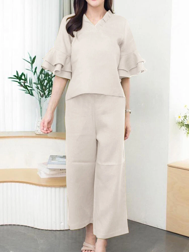 Women Solid Frill V-Neck Ruffle Sleeve Casual Co-ords 1 Women Solid Frill V-Neck Ruffle Sleeve Casual Co-ords