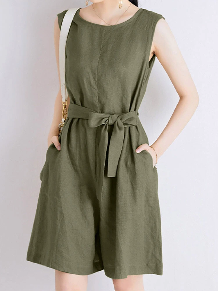 Cotton Solid Sash Pocket Sleeveless Round Neck Zip Casual Romper 6 Cotton Solid Sash Pocket Sleeveless Round Neck Zip Casual Romper - Image 6