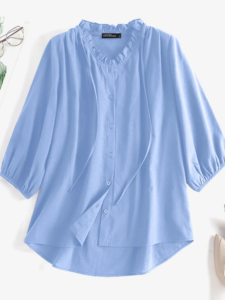 Solid Ruffle Trim V-neck Tie Lantern Sleeve Blouse 3 Solid Ruffle Trim V-neck Tie Lantern Sleeve Blouse - Image 3