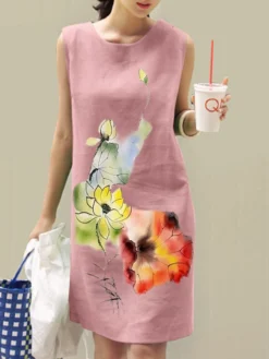 Women Watercolor Lotus Print Crew Neck Sleeveless Dress -Zanzea Shop e95d4983 6ba5 4fdb 8102 afc91737fa9f