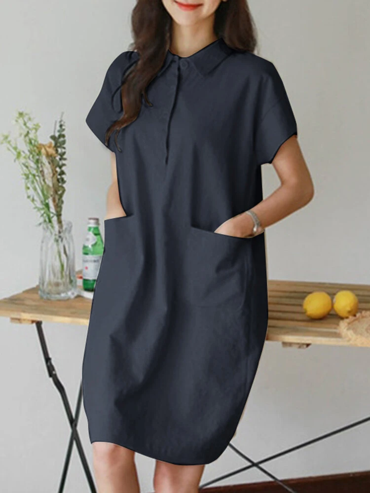 Solid Button Short Sleeve Lapel Cotton Pocket Dress 4 Solid Button Short Sleeve Lapel Cotton Pocket Dress - Image 4