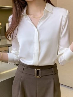 Solid Satin Button Lapel Long Sleeve Shirt -Zanzea Shop e9ad35dc a3bc 4c05 aaa4 bdcedf95b692