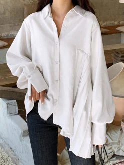 Solid Irregular Pleated Long Sleeve Lapel Button Down Shirt