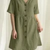Cotton Solid Button Short Sleeve V-neck Casual Dress