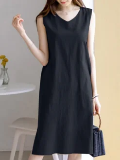 Leisure Solid Slit Hem V Neck Sleeveless Cotton Midi Dress