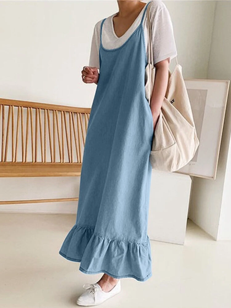 Solid Ruffle Hem Sleeveless Strap Denim Maxi Dress 2 Solid Ruffle Hem Sleeveless Strap Denim Maxi Dress - Image 2